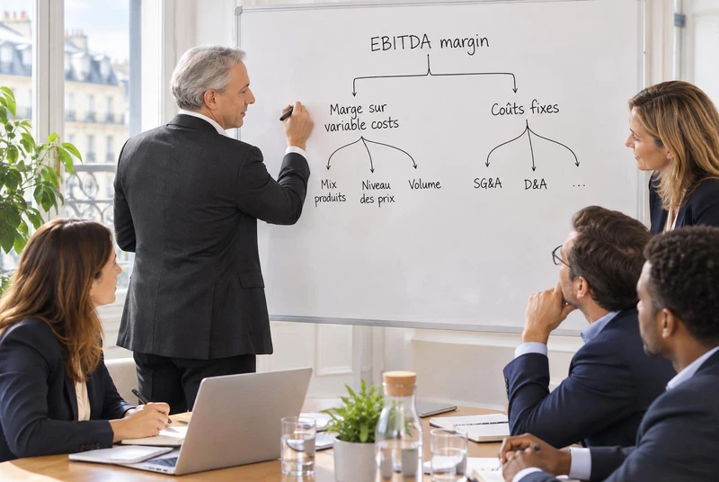 AI-generated illustration: Geoffroy Berbesson, seen from behind at a three-quarter angle, draws an EBITDA margin driver tree on a whiteboard with his team