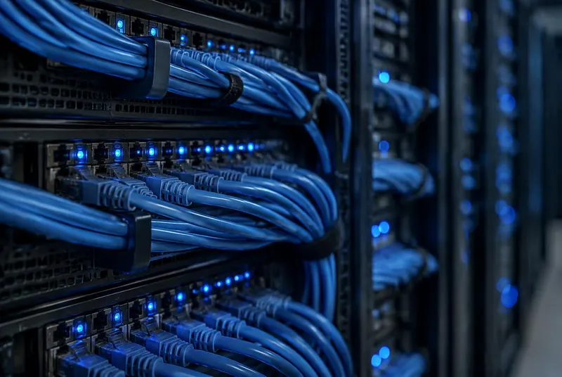 Close-up of network cables and blue indicator lights in a server room