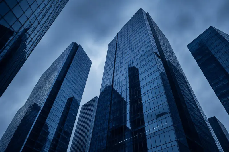 Glass towers in a business district, viewed from below