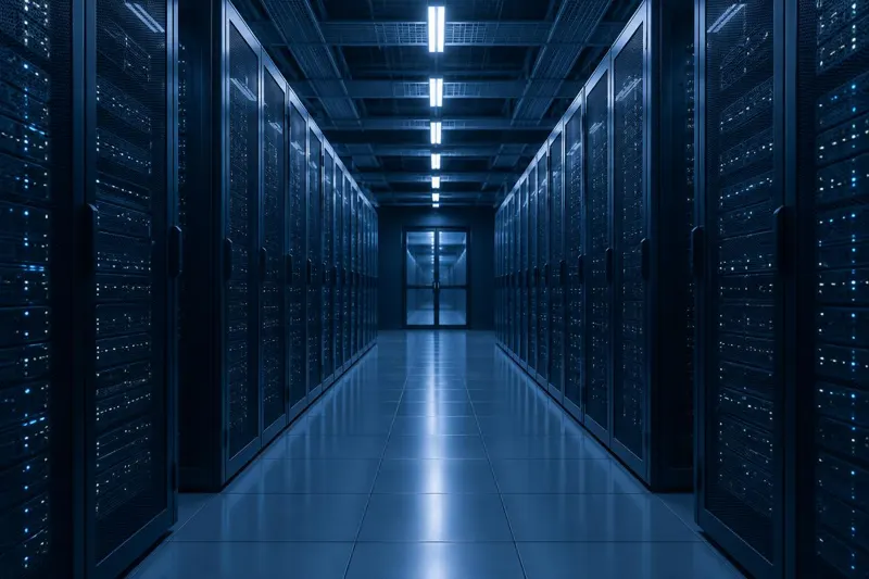 Aisle of server racks in a data centre, blue lighting