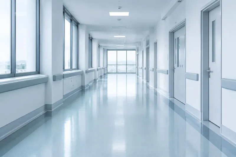Bright, empty corridor in a modern healthcare facility