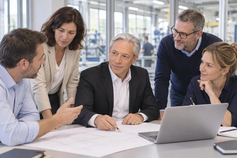 AI-generated illustration: Geoffroy Berbesson works with a team on an operational plan in a bright industrial setting